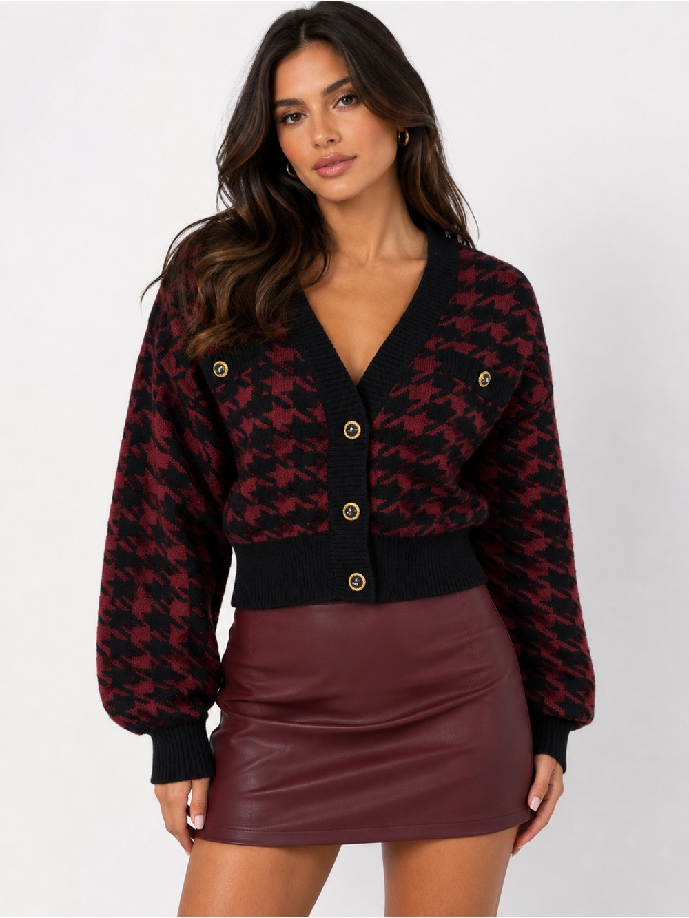 NWT Burgundy & Black Houndstooth Cropped Cardigan Sweater